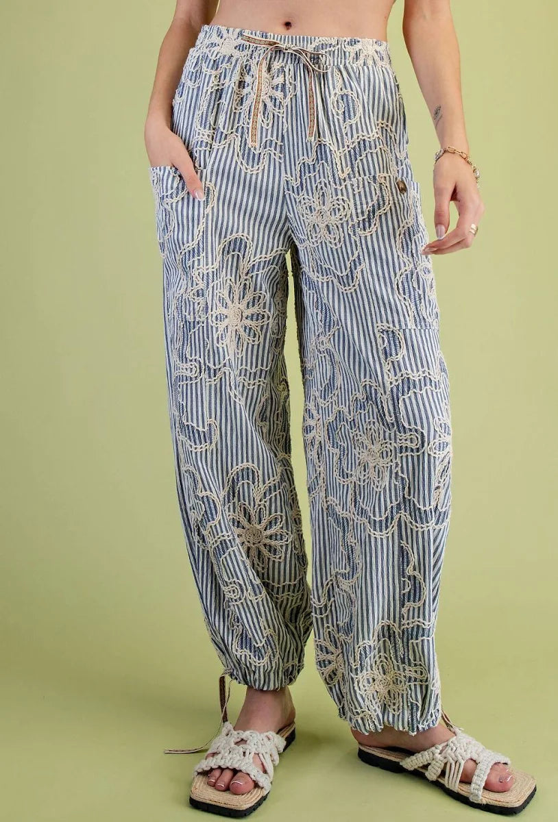 Denim Blue Embroidery Striped Woven Pants