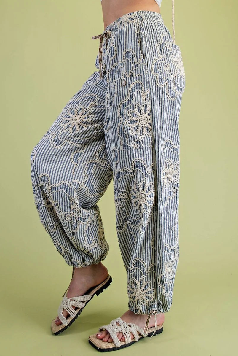 Denim Blue Embroidery Striped Woven Pants