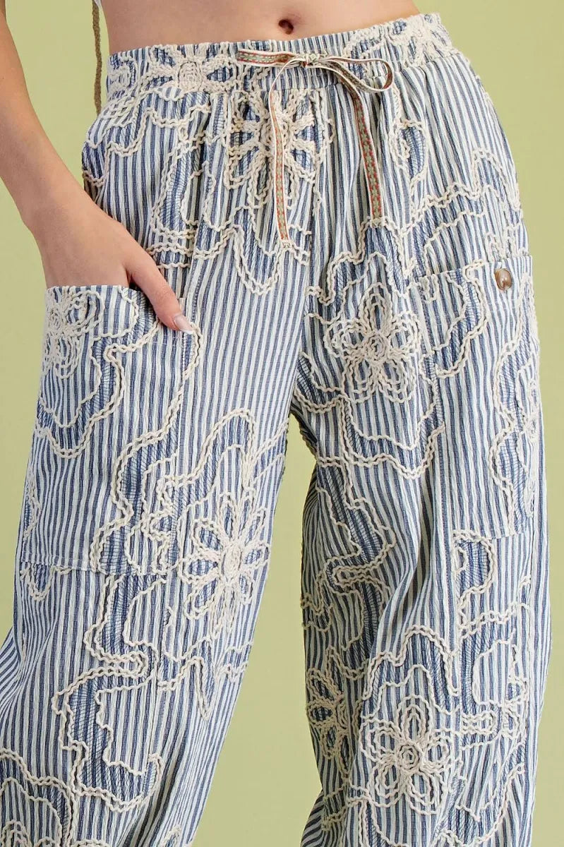 Denim Blue Embroidery Striped Woven Pants