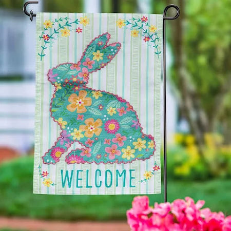 Floral Patterned Bunny Applique Garden Flag
