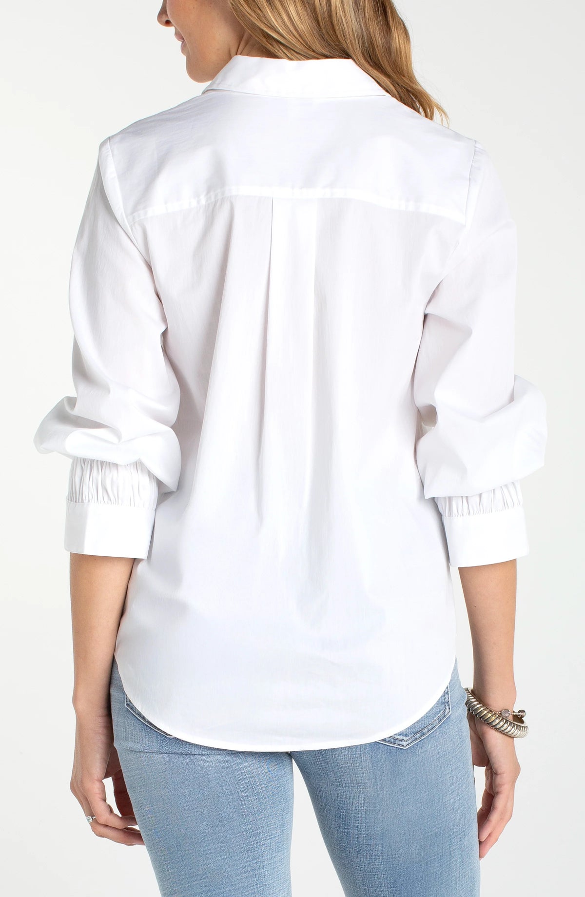 White Adjustable Sleeve Button Front Woven Top