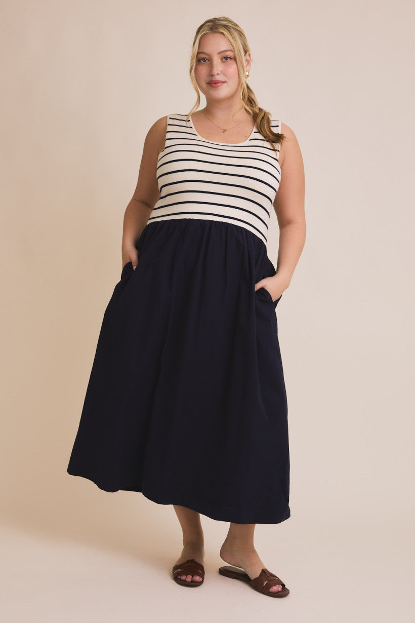 Cream/Navy Stripe Scoop Neck Woven Dress