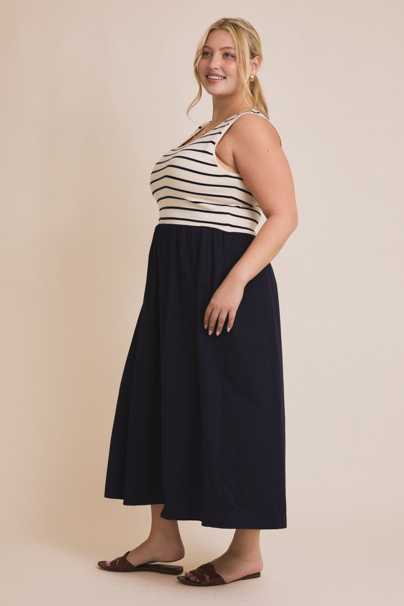 Cream/Navy Stripe Scoop Neck Woven Dress
