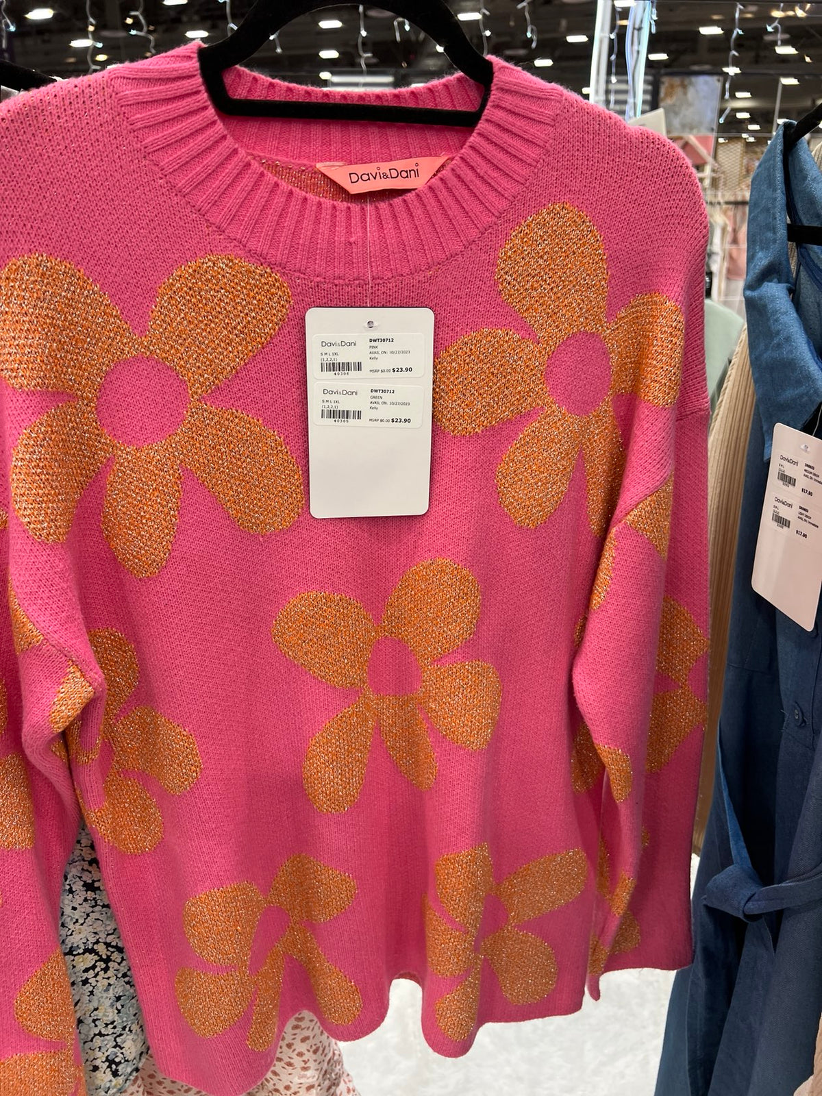 Hot Pink Sweater w/Gold Flowers