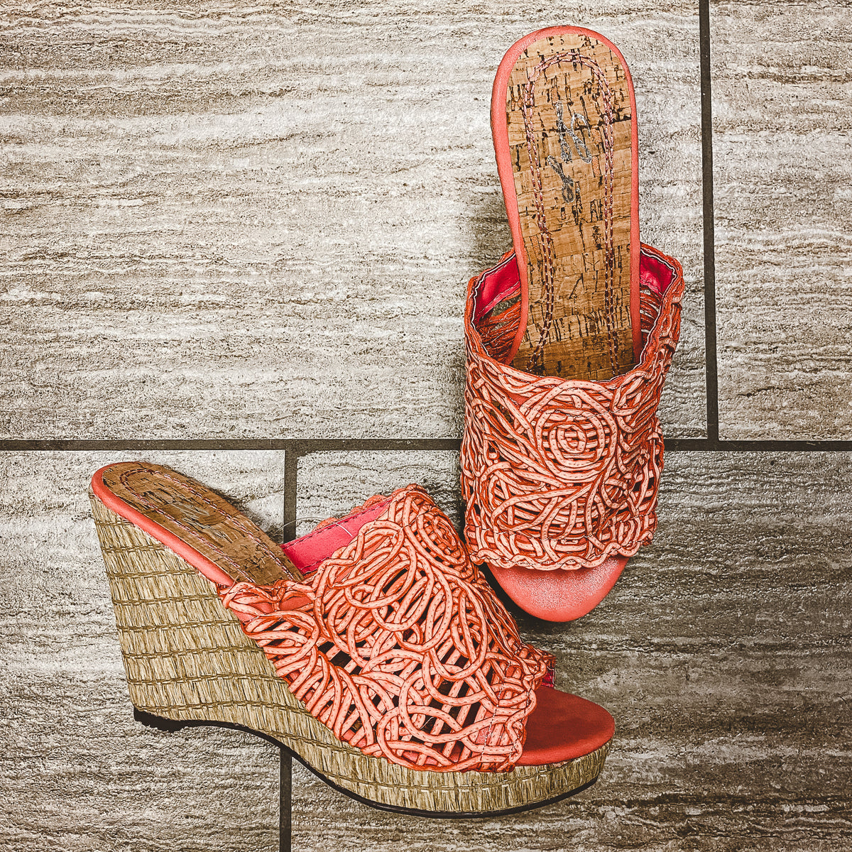 39 Coral Woven Wedge