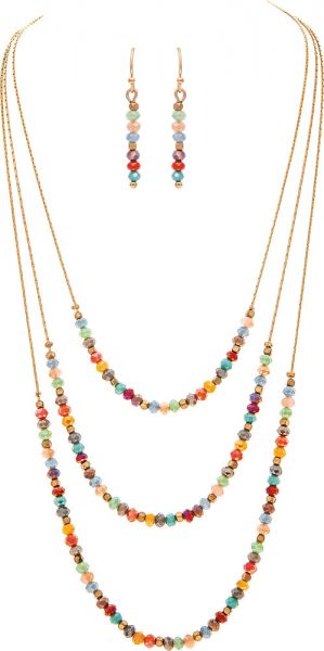 Gold Three Layer Multi-Color Bead Necklace Set
