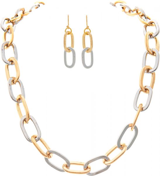 Two Tone Curb Spring Ring Chain Necklace Set