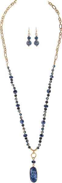 Gold/Blue Sodalite Bead Long Necklace Set