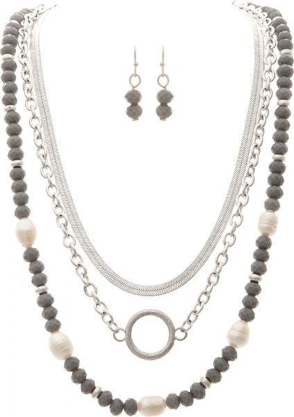 Silver/Grey Bead Layered Necklace Set
