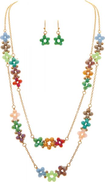 Gold/Multi-Colored Glass Flower Bead Necklace Set
