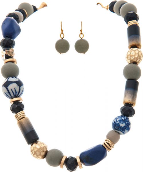 Gold/Chunky Blue Mix Beaded Necklace Set