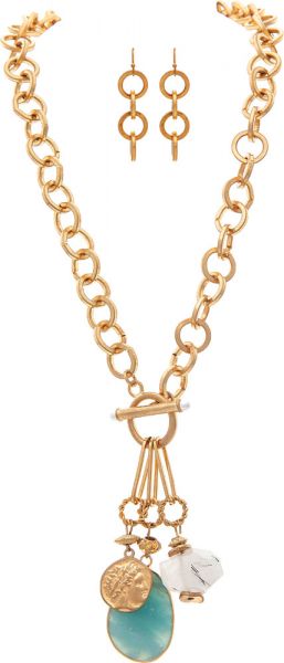 Gold Coin &amp; Stone Drop Chain Set