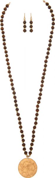 Gold/Wood Bead Metal Disc Necklace Set