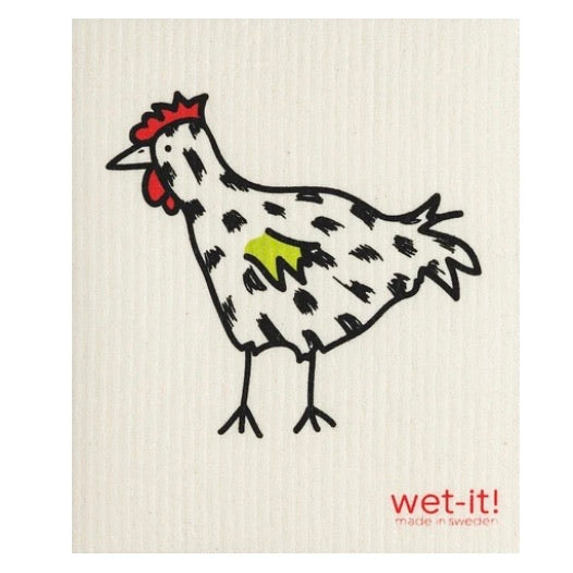 ivory colored rectangle shaped scrubbing pad with a large white chicken with black feathering screen printed on it