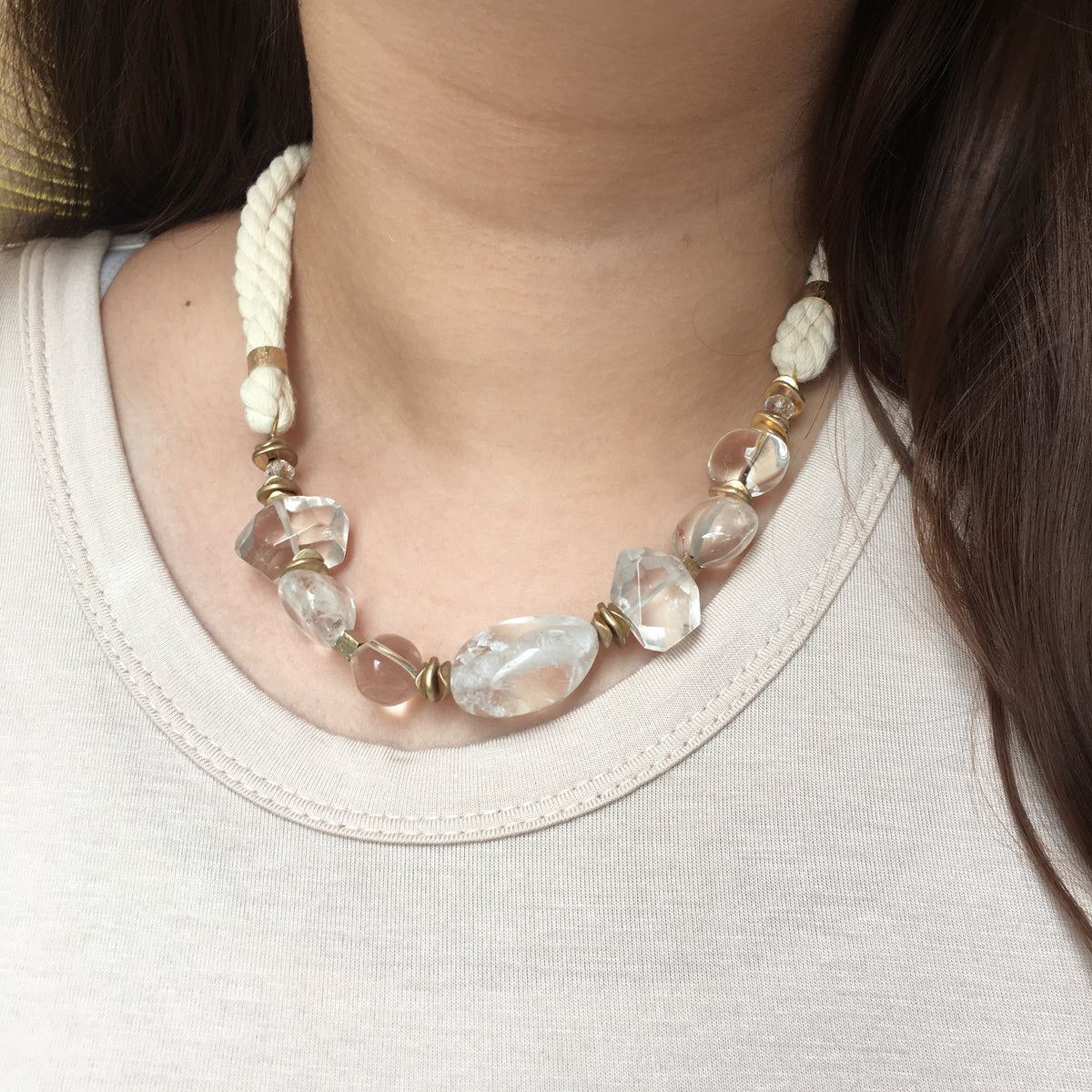 Clear Stone &amp; Gold On Rope Necklace