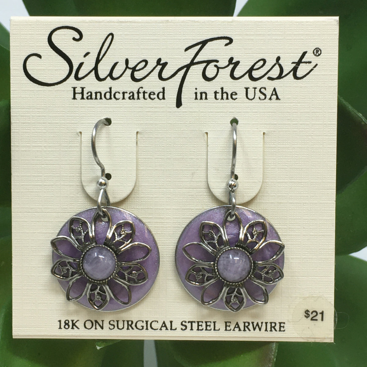 Silver/Lavender Flower on Disc Earrings