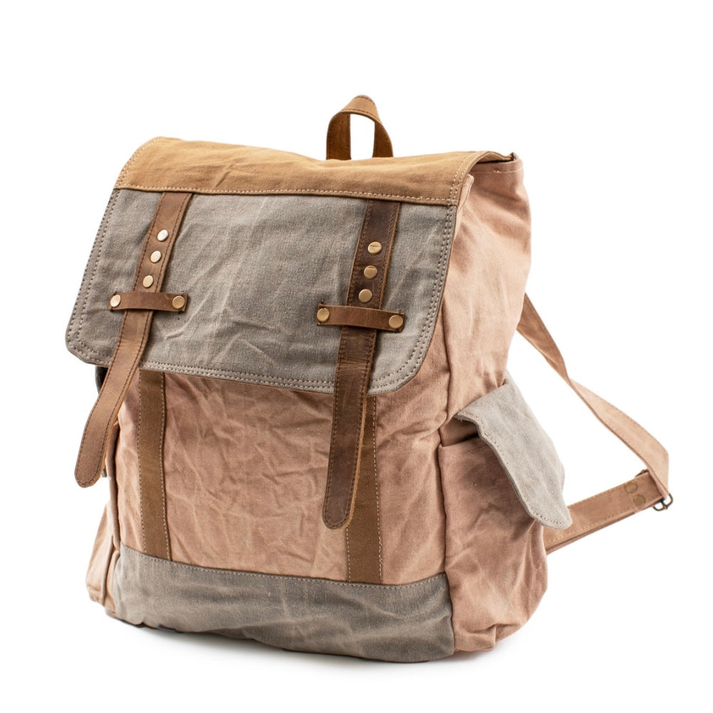 16&quot;x15&quot; Washed Canvas Backpack w/ Leather Straps