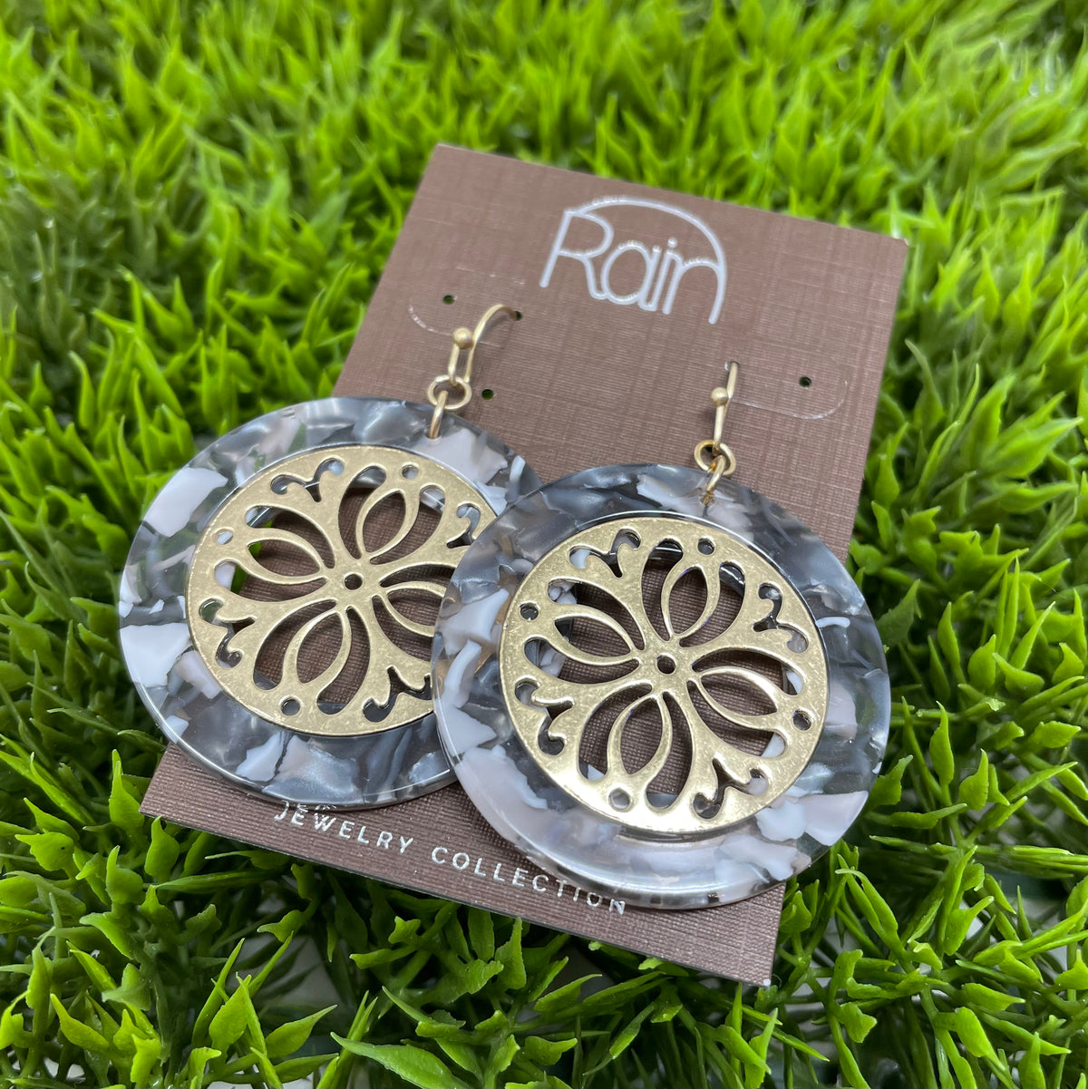 Gold Grey Ring Open Design Earrings