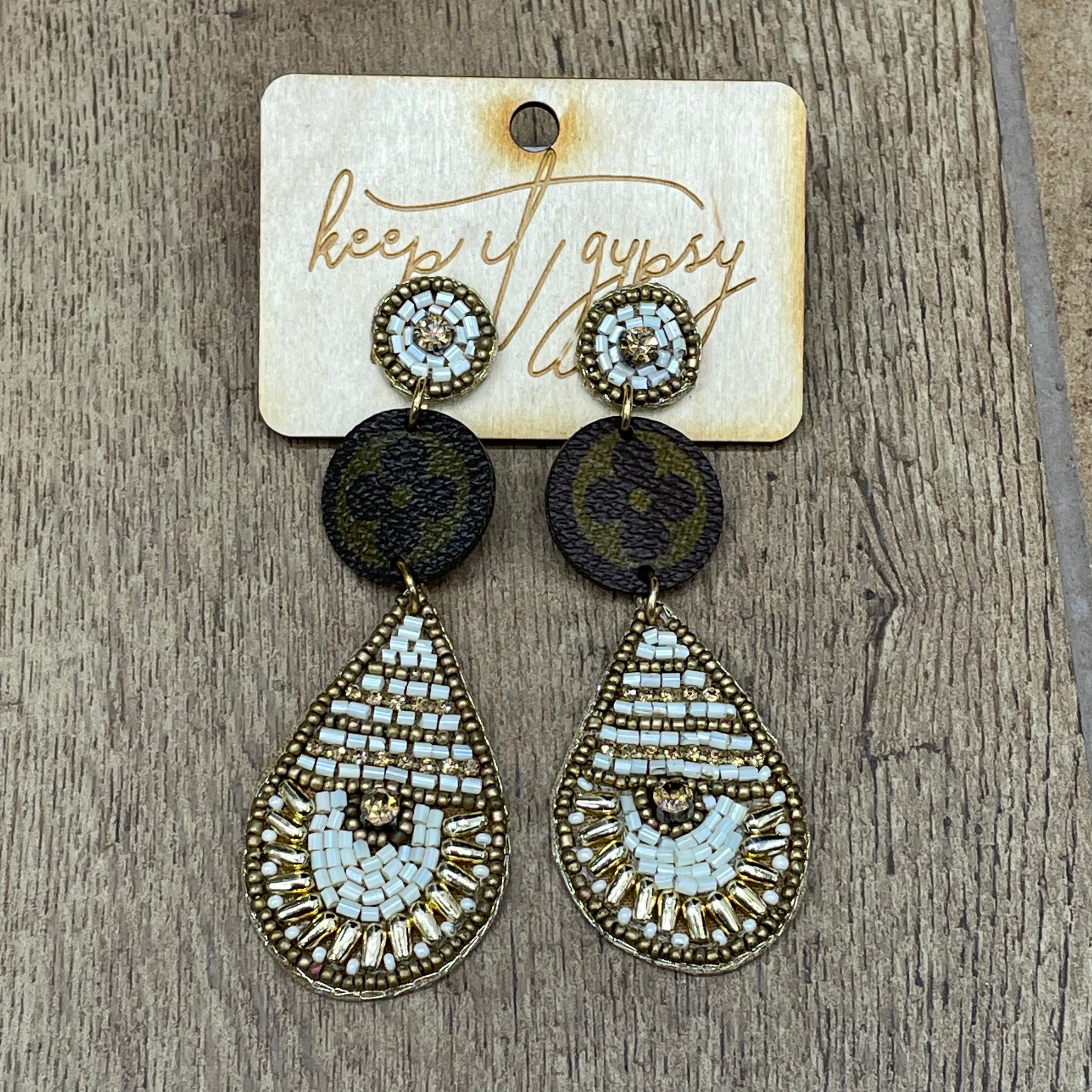 Gypsy LV Beaded Drop Earring White/Gold Teardrop