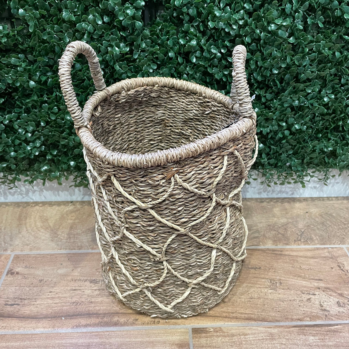Tan Seagrass Basket w/ Criss-Cross Pattern Basket