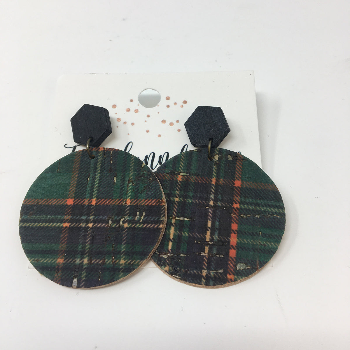 Round Green Plaid with Wooden Post Earrings