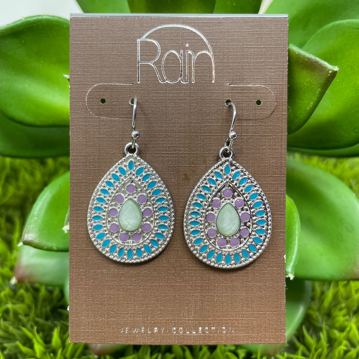 Silver Blue Purple Ornate Teardrop Earrings