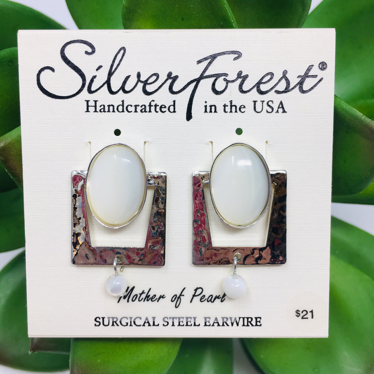 Oval Mother of Pearl in Silver Square Earrings