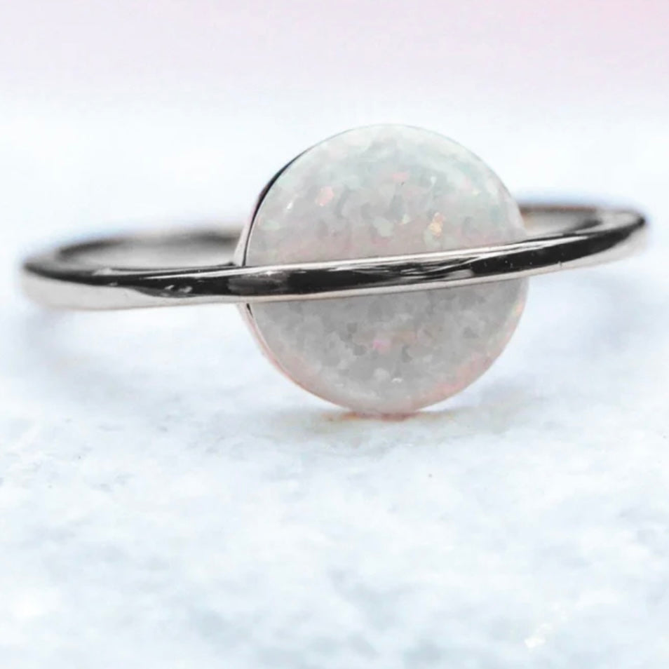 White Opal Saturn Ring Silver