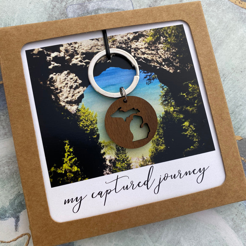 Hardwood MI Cutout Keychain