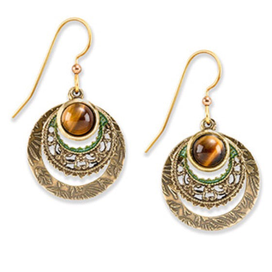 Tiger Eye Stone on Textured Circles Earrings