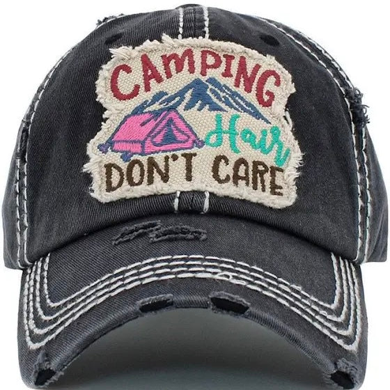 Camping Hair Don&#39;t Care Embroidered Cap