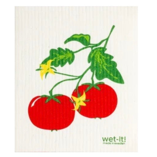 ivory colored rectangle shaped scrubbing pad with 2 bright red large tomatoes on a green vine screen printed on it