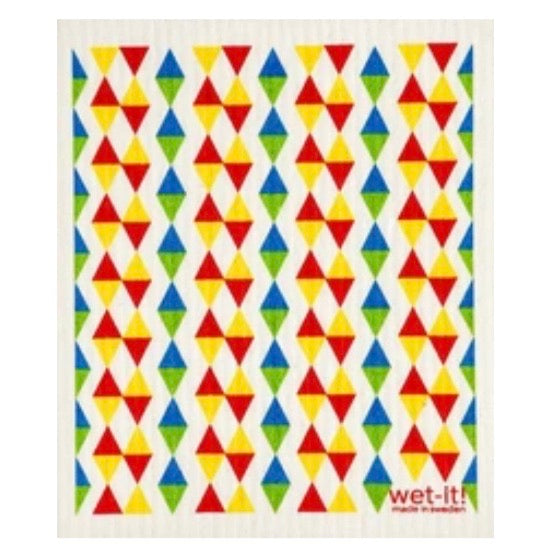 ivory colored rectangle shaped scrubbing pad with lines of mini triangle shapes alternating so they&#39;re bottom edges line up repeating in yellow and red line and blue and green line pattern screen printed on it