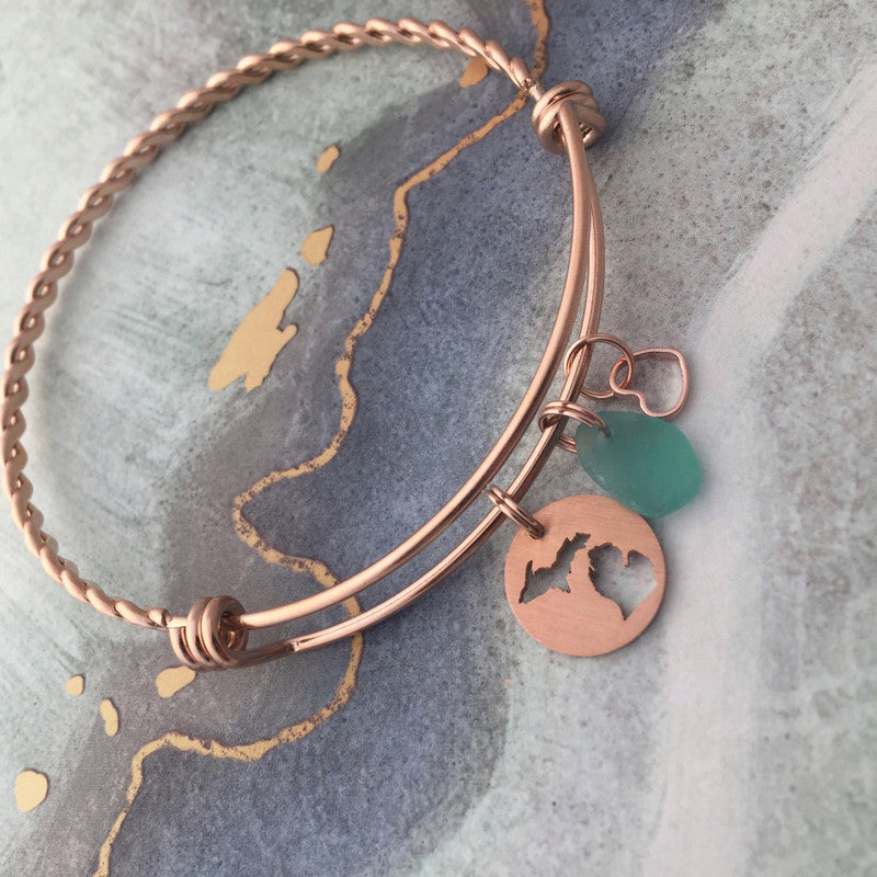 Green Beach Glass Michigan Cutout Expandable Bracelet