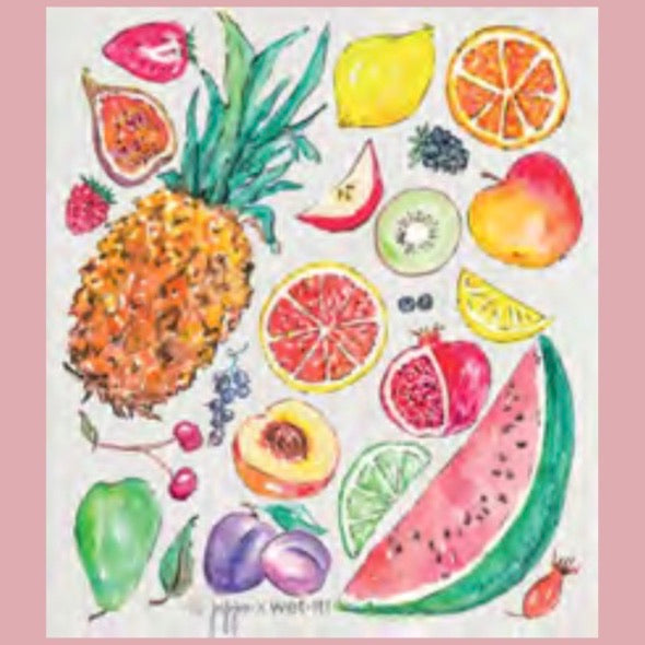 ivory colored rectangle shaped scrubbing pad with a variety of watercolored fruit screen printed on it