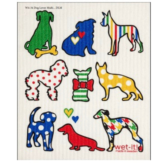 ivory colored rectangle shaped scrubbing pad with 9 different dog breed silhouettes in bright bold colors and patterns screen printed on it