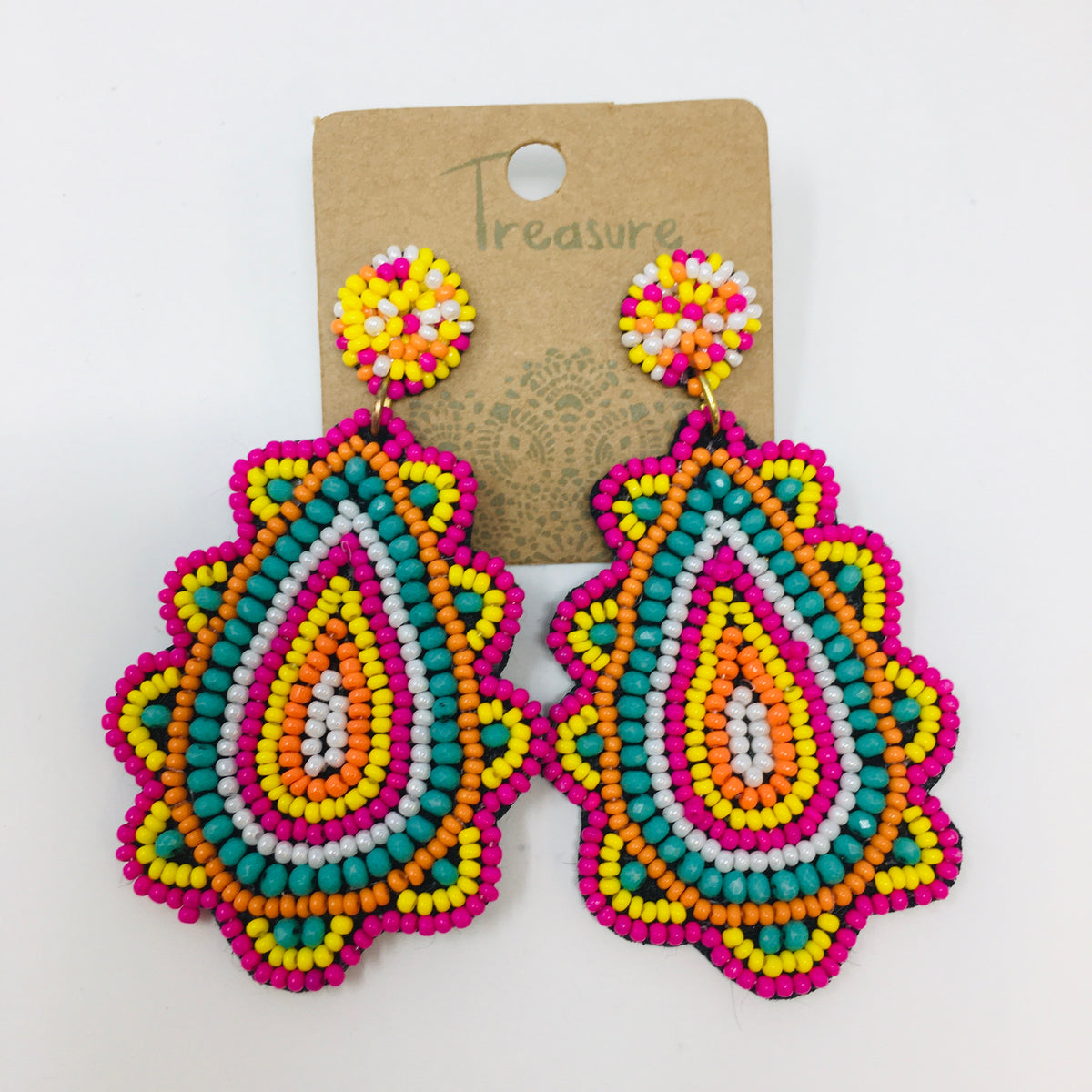 Scalloped teardrop shaped earrings with fuchsia, yellow, orange, turquoise &amp; white colored seed beads shown on white background