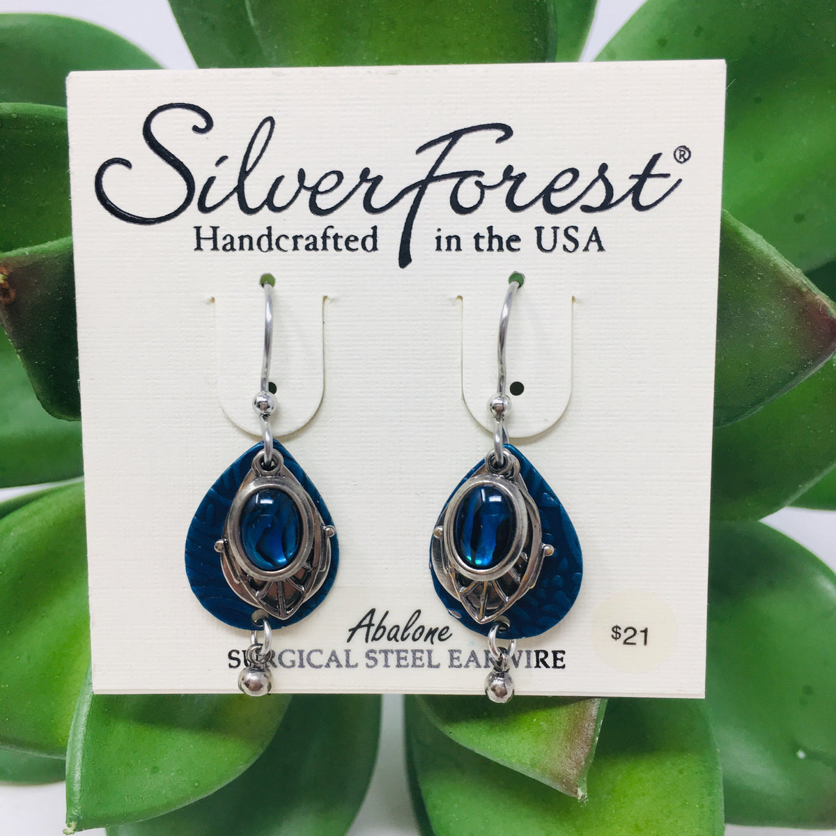 Silver/Blue Abalone Stone on Tear Earrings