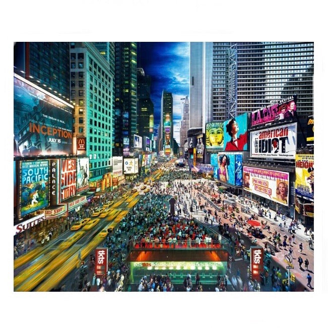 Stephen Wilkes Day to Night Times Square, NYC puzzle image that shows a view of the Times Square through a time lapse of 24-36 hours exposing day and night in different parts of the photo