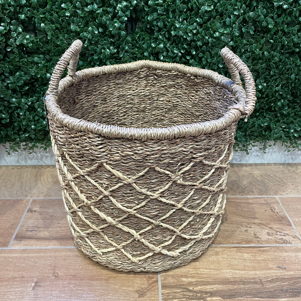 Tan Seagrass Basket w/ Criss-Cross Pattern Basket