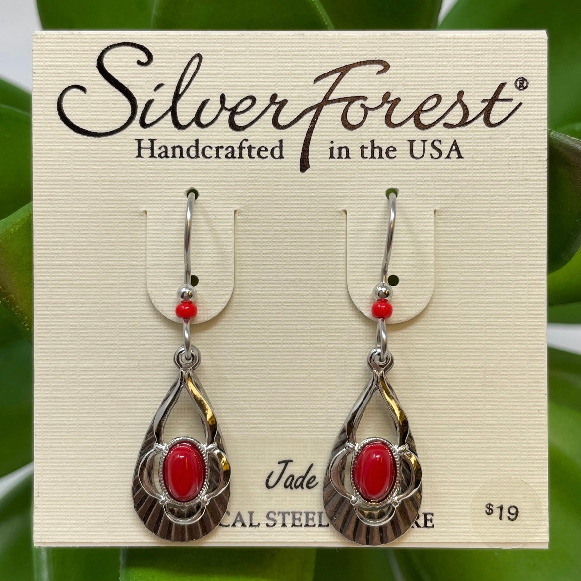Silver Texture Oval Drop w/ Red Stones
