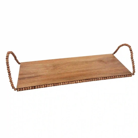 Lg Beaded Handle Wood Tray