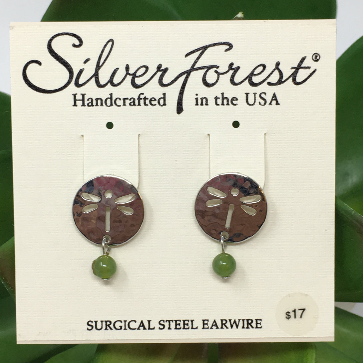 Silver Dragonfly w/ Green Bead Drop Post Earrings