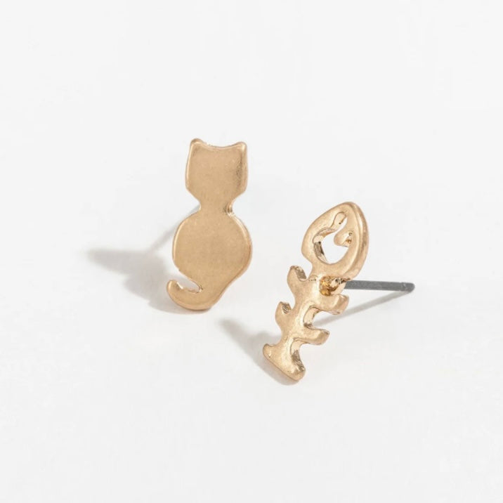 Kitty &amp; Fish Bone Stud Bud Earrings