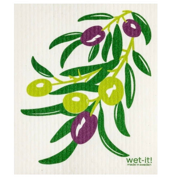 ivory colored rectangle shaped scrubbing pad with lime green and purple colored olives on darker green branches screen printed on it