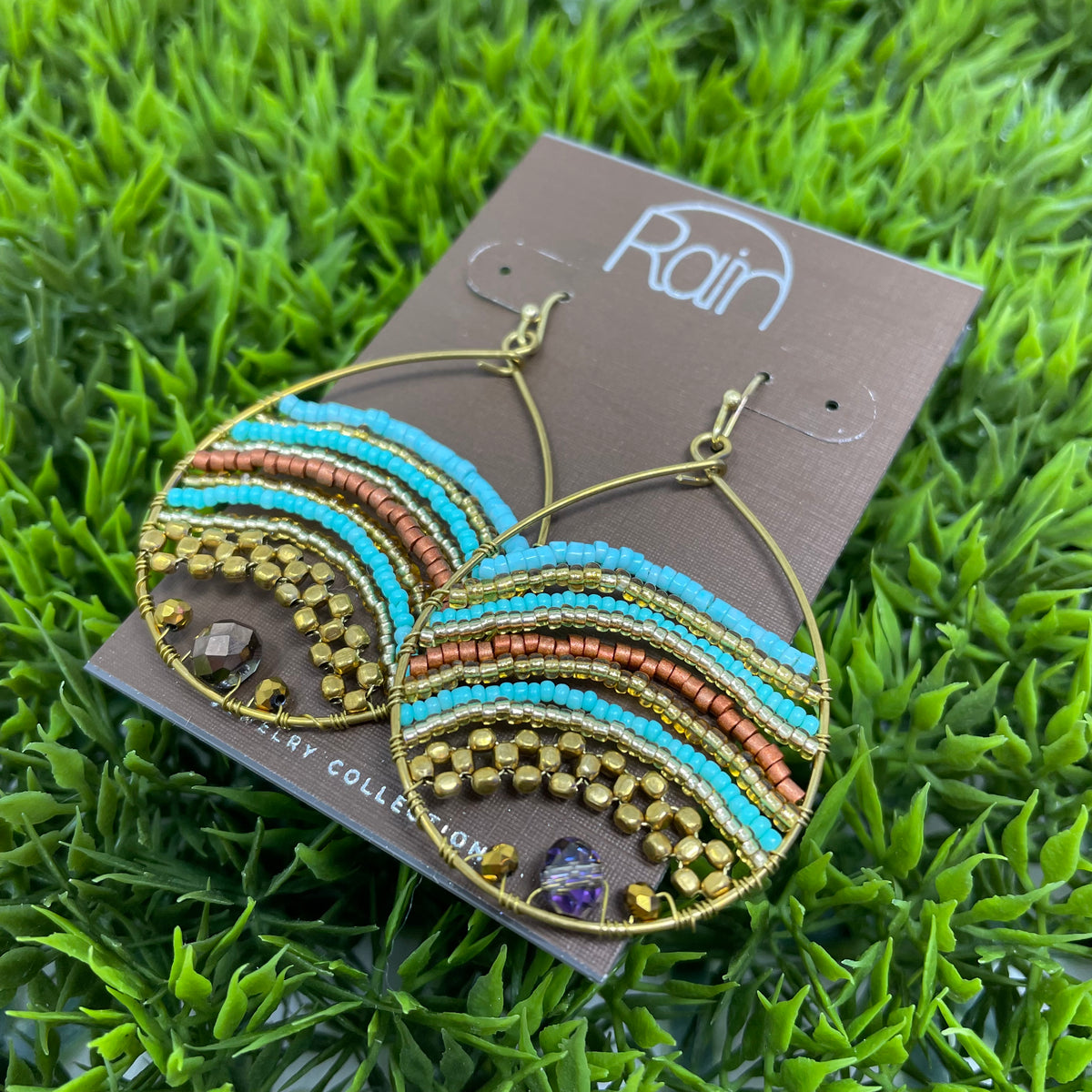 Gold Aqua Bead Row Teardrop Earrings