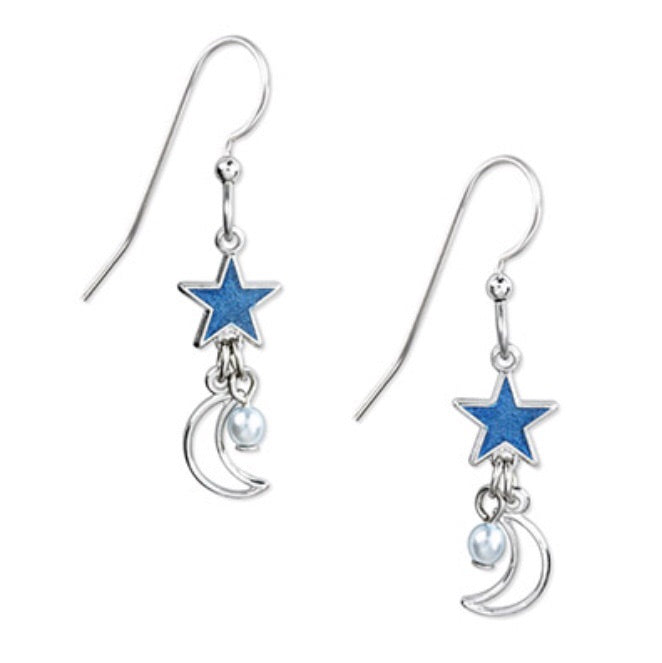 Blue/Silver Moon &amp; Star w/ Dangle Bead Earrings