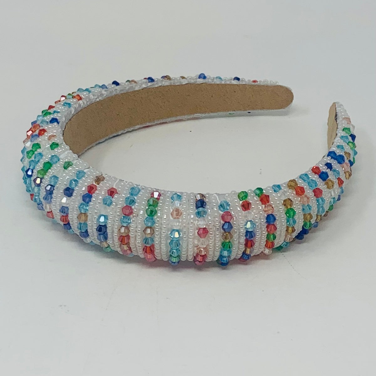 White Beaded Headband w/ Rainbow Beads