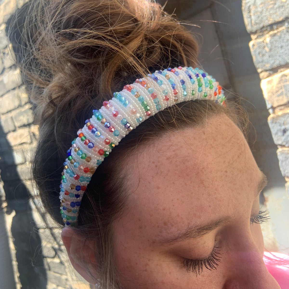 White Beaded Headband w/ Rainbow Beads