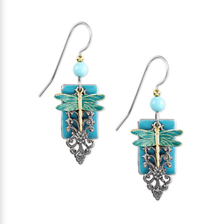 Dragonfly Filigree on Turquoise Rectangle Earrings